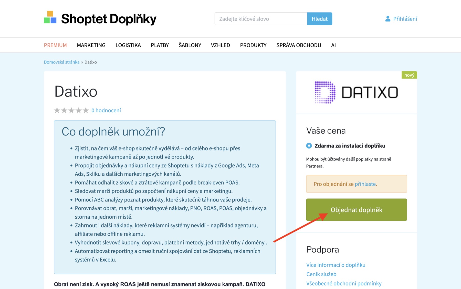 Objednanie doplnku DATIXO v Shoptet Doplnkoch