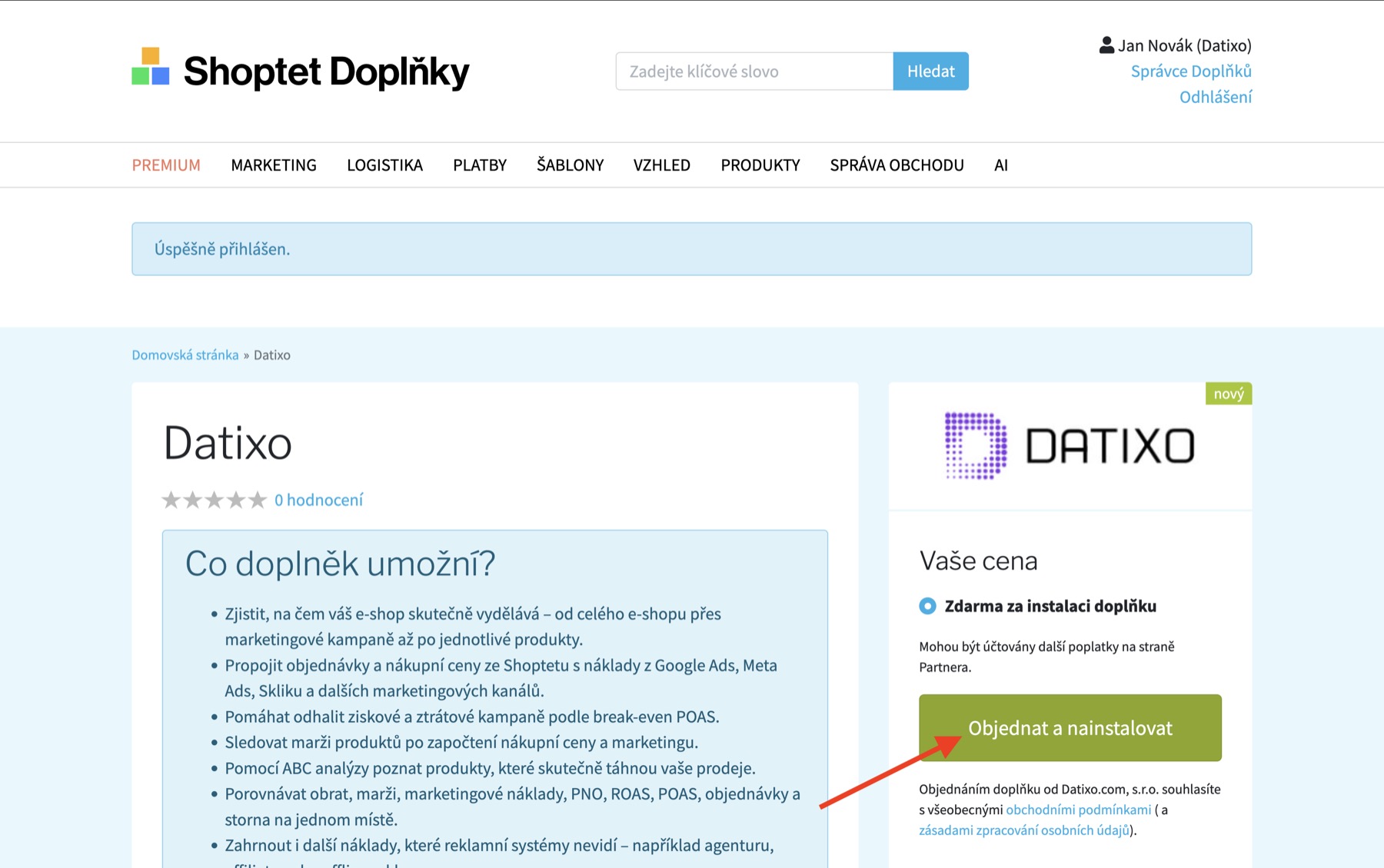 Potvrdenie inštalácie doplnku DATIXO v Shoptete