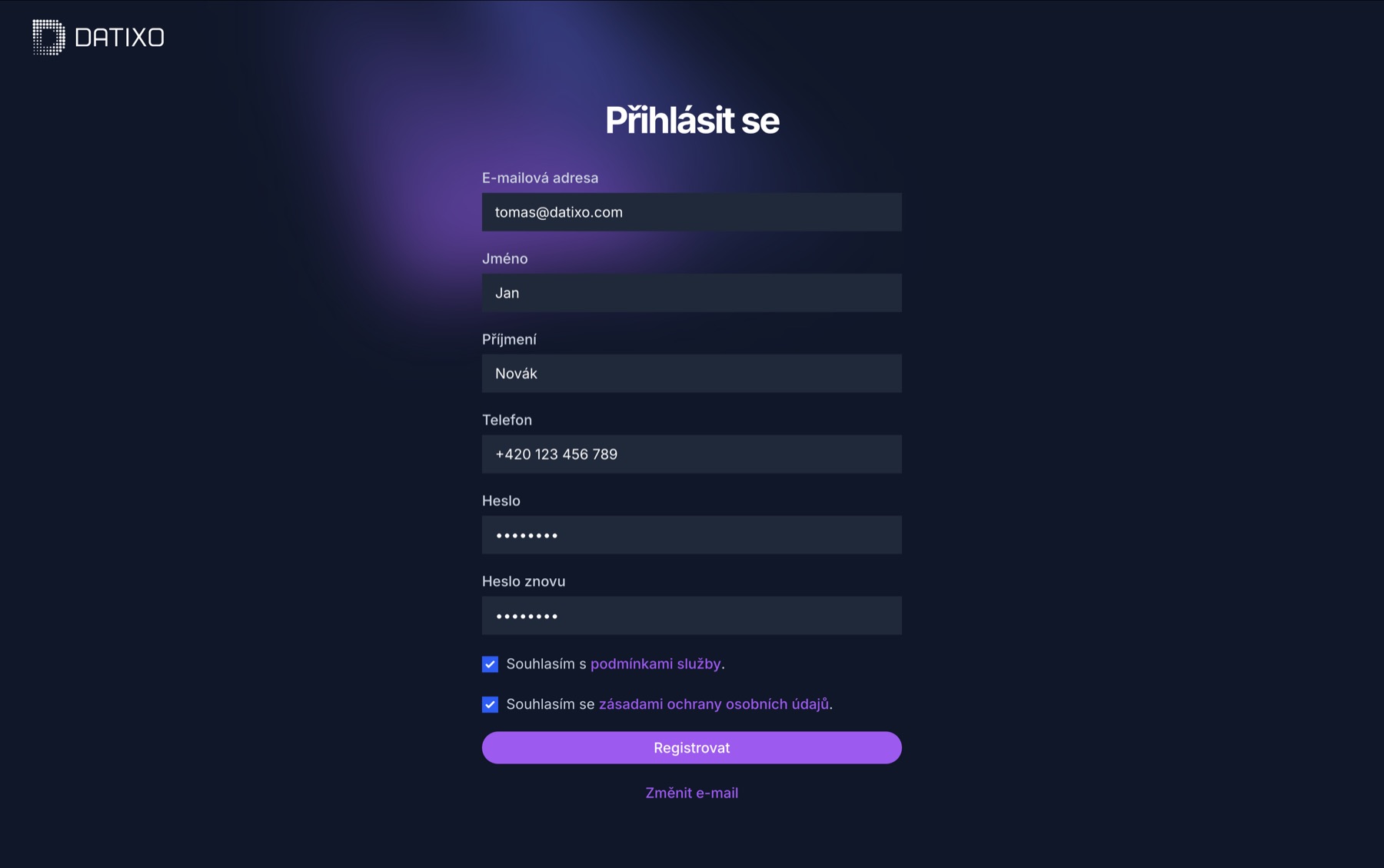 Registračný formulár pre nových používateľov DATIXO